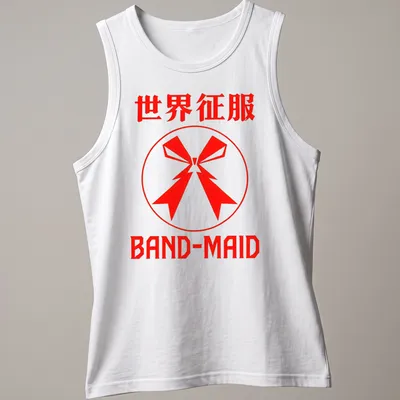 Bold graphic t-shirt featuring the text '世界征服 BAND-MAID' and a red bow emblem. — printed on a tank top
