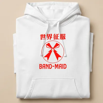 Bold graphic t-shirt featuring the text '世界征服 BAND-MAID' and a red bow emblem. — printed on a unisex hoodie