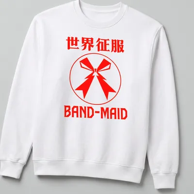 Bold graphic t-shirt featuring the text '世界征服 BAND-MAID' and a red bow emblem. — printed on a unisex sweatshirt
