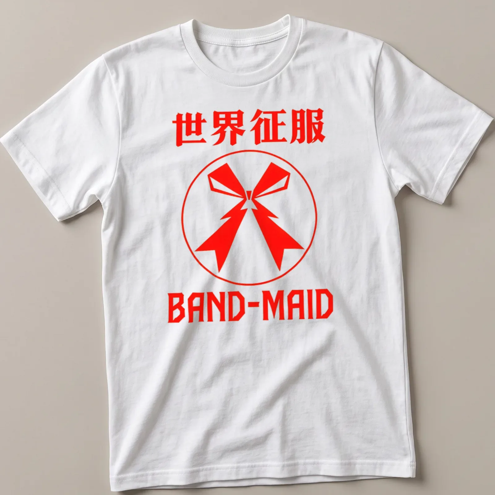 Bold graphic t-shirt featuring the text '世界征服 BAND-MAID' and a red bow emblem. — printed on a unisex t-shirt