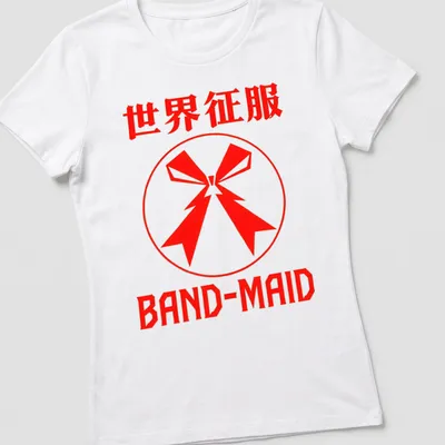 Bold graphic t-shirt featuring the text '世界征服 BAND-MAID' and a red bow emblem. — printed on a women's shirt