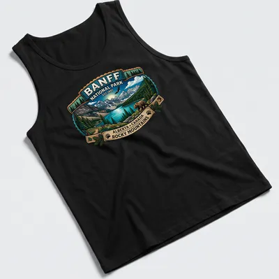 Vintage badge-style t-shirt featuring a bear and Banff National Park text — printed on a tank top