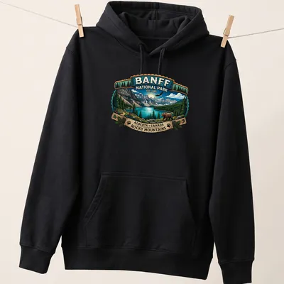Vintage badge-style t-shirt featuring a bear and Banff National Park text — printed on a unisex hoodie