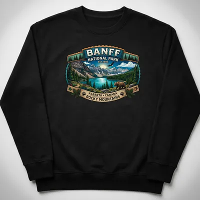 Vintage badge-style t-shirt featuring a bear and Banff National Park text — printed on a unisex sweatshirt