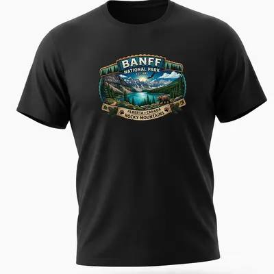 Vintage badge-style t-shirt featuring a bear and Banff National Park text — printed on a unisex t-shirt