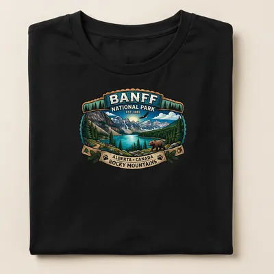 Vintage badge-style t-shirt featuring a bear and Banff National Park text — printed on a women's shirt