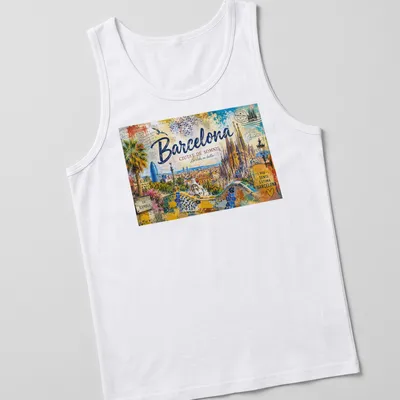 Vintage postcard style t-shirt featuring Barcelona skyline and landmarks — printed on a tank top