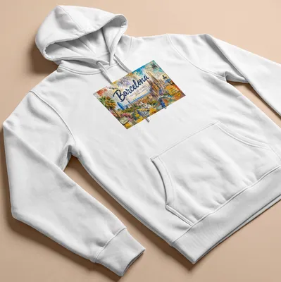 Vintage postcard style t-shirt featuring Barcelona skyline and landmarks — printed on a unisex hoodie