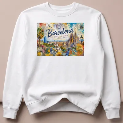Vintage postcard style t-shirt featuring Barcelona skyline and landmarks — printed on a unisex sweatshirt