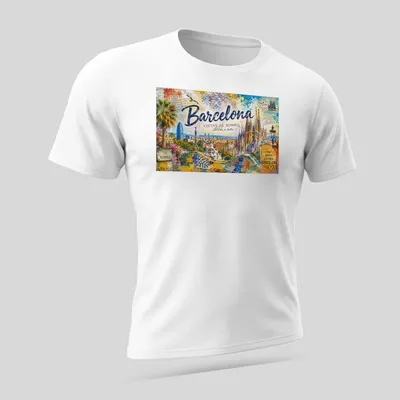 Vintage postcard style t-shirt featuring Barcelona skyline and landmarks — printed on a unisex t-shirt (angled view)