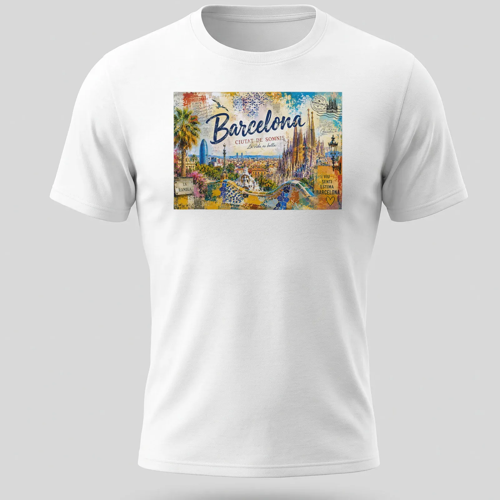 Vintage postcard style t-shirt featuring Barcelona skyline and landmarks — printed on a unisex t-shirt