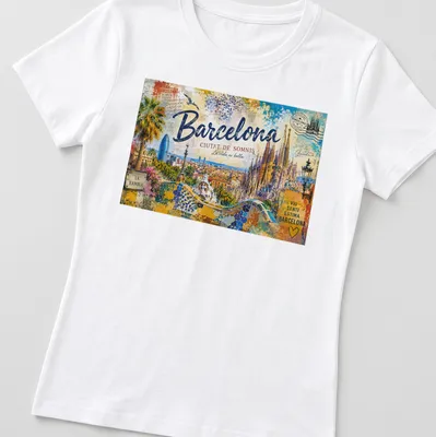 Vintage postcard style t-shirt featuring Barcelona skyline and landmarks — printed on a women's shirt
