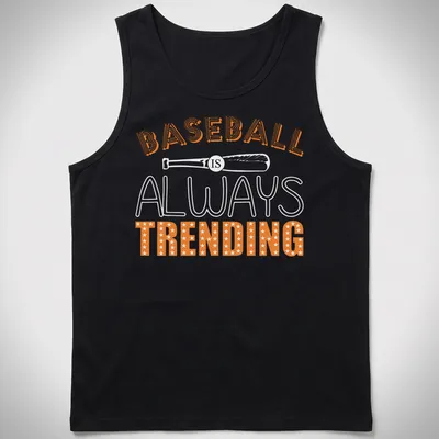 Bold retro baseball shirt with stars and the text 'BASEBALL IS TRENDING' in orange and white. — printed on a tank top