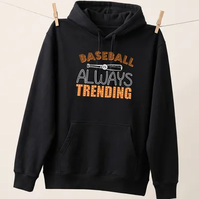 Bold retro baseball shirt with stars and the text 'BASEBALL IS TRENDING' in orange and white. — printed on a unisex hoodie