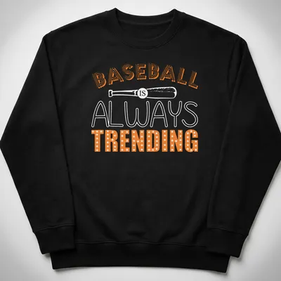 Bold retro baseball shirt with stars and the text 'BASEBALL IS TRENDING' in orange and white. — printed on a unisex sweatshirt