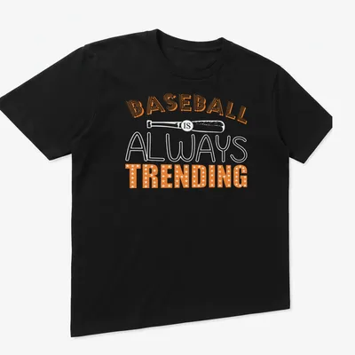 Bold retro baseball shirt with stars and the text 'BASEBALL IS TRENDING' in orange and white. — printed on a unisex t-shirt (angled view)