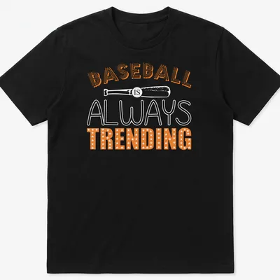 Bold retro baseball shirt with stars and the text 'BASEBALL IS TRENDING' in orange and white.