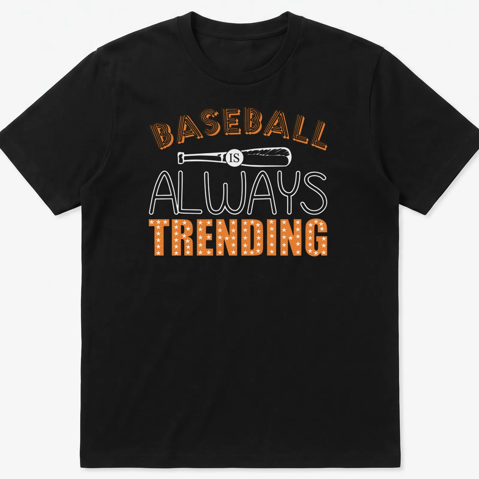 Bold retro baseball shirt with stars and the text 'BASEBALL IS TRENDING' in orange and white. — printed on a unisex t-shirt