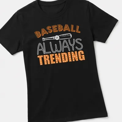 Bold retro baseball shirt with stars and the text 'BASEBALL IS TRENDING' in orange and white. — printed on a women's shirt