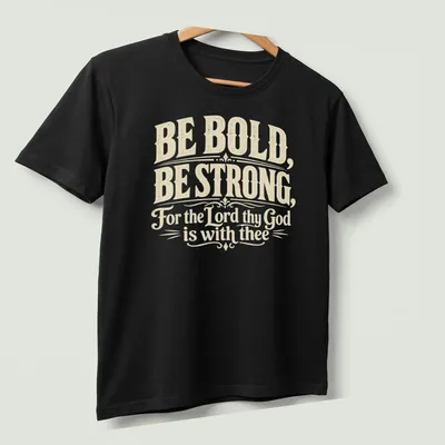 Vintage script design with inspirational text in cream and gold — printed on a unisex t-shirt (angled view)