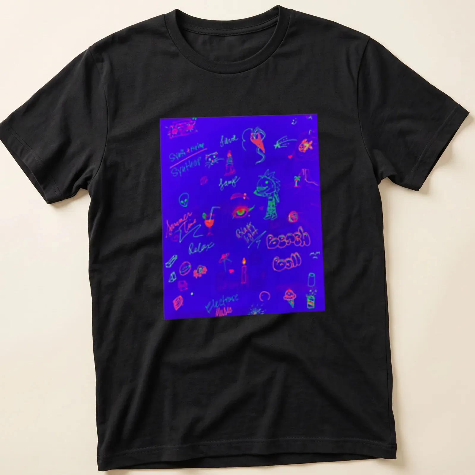 Neon glow t-shirt featuring a beach ball and vibrant summer vibes text — printed on a unisex t-shirt