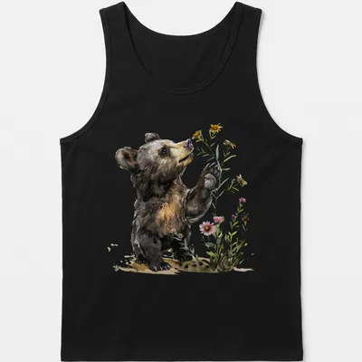 Watercolor illustration of a bear cub surrounded by flowers in soft colors — printed on a tank top