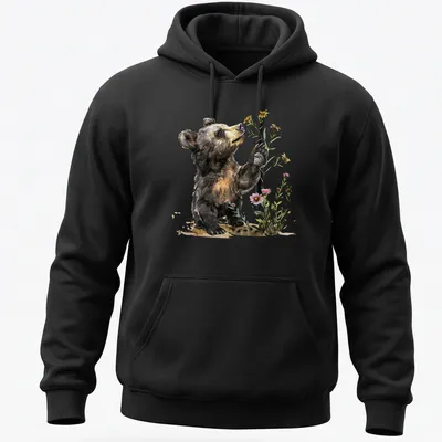 Watercolor illustration of a bear cub surrounded by flowers in soft colors — printed on a unisex hoodie