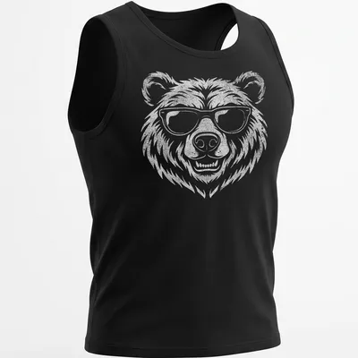 Retro vintage bear wearing sunglasses graphic on a white — printed on a tank top