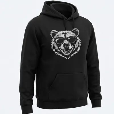 Retro vintage bear wearing sunglasses graphic on a white — printed on a unisex hoodie