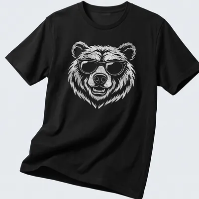 Retro vintage bear wearing sunglasses graphic on a white t-shirt