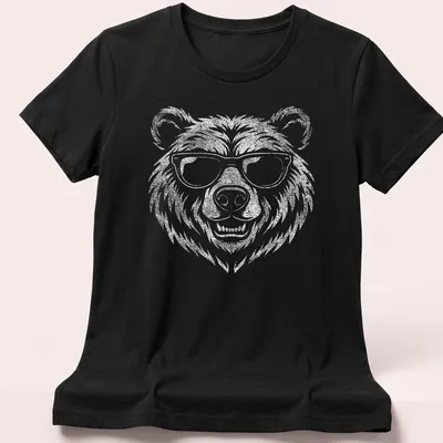 Retro vintage bear wearing sunglasses graphic on a white — printed on a women's shirt