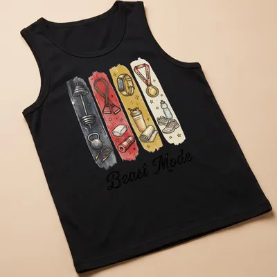 Illustrative shirt with Beast Mode text and gym equipment graphics in bold colors — printed on a tank top