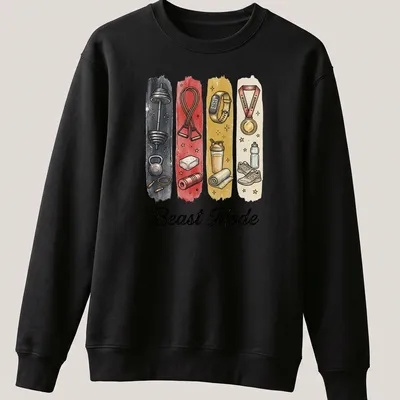 Illustrative shirt with Beast Mode text and gym equipment graphics in bold colors — printed on a unisex sweatshirt