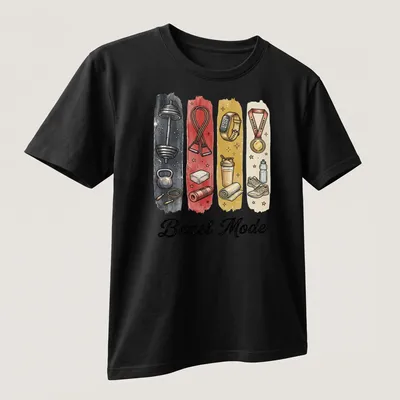 Illustrative shirt with Beast Mode text and gym equipment graphics in bold colors — printed on a unisex t-shirt (angled view)