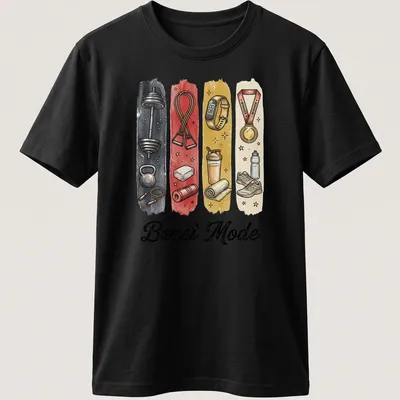 Illustrative shirt with Beast Mode text and gym equipment graphics in bold colors — printed on a unisex t-shirt