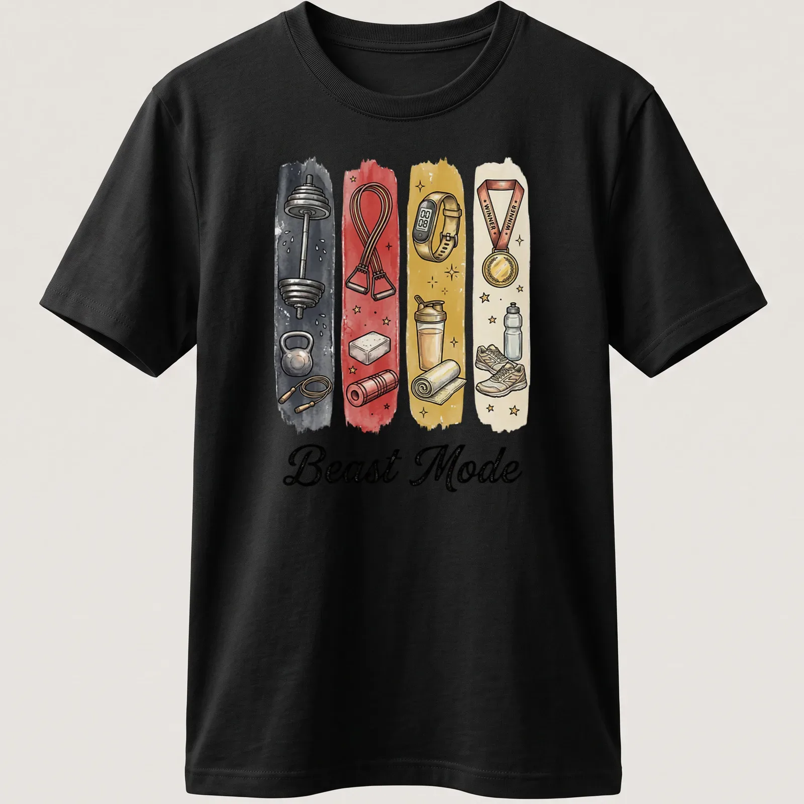 Illustrative shirt with Beast Mode text and gym equipment graphics in bold colors — printed on a unisex t-shirt