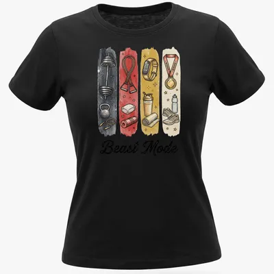 Illustrative shirt with Beast Mode text and gym equipment graphics in bold colors — printed on a women's shirt