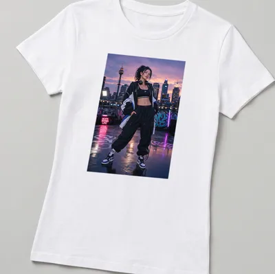 Urban Hip Hop Girl t-shirt featuring bold text and streetwear photography — printed on a women's shirt
