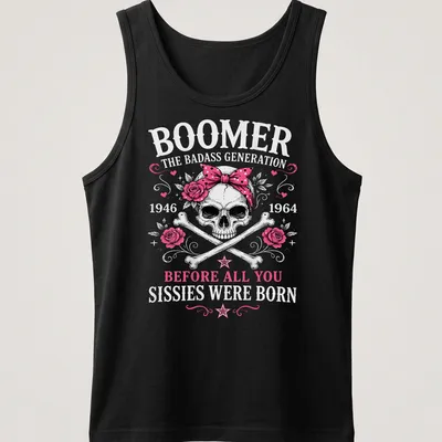 Vintage tattoo-style t-shirt featuring a skull with a pink bow and roses — printed on a tank top