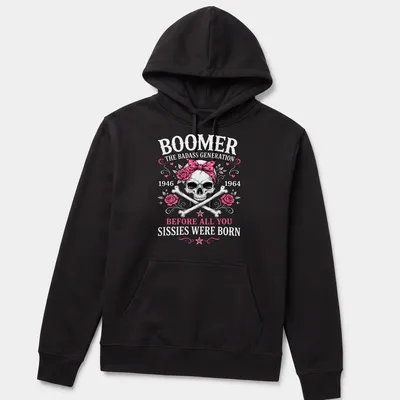 Vintage tattoo-style t-shirt featuring a skull with a pink bow and roses — printed on a unisex hoodie