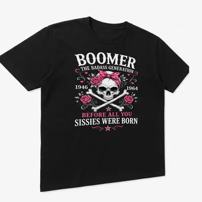 Vintage tattoo-style t-shirt featuring a skull with a pink bow and roses — printed on a unisex t-shirt (angled view)