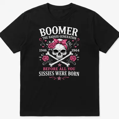 Vintage tattoo-style t-shirt featuring a skull with a pink bow and roses