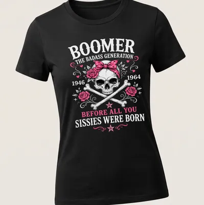 Vintage tattoo-style t-shirt featuring a skull with a pink bow and roses — printed on a women's shirt