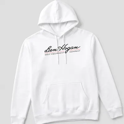 Modern logo T-shirt showcasing Ben Hogan Golf Equipment Company in black, red, and white. — printed on a unisex hoodie