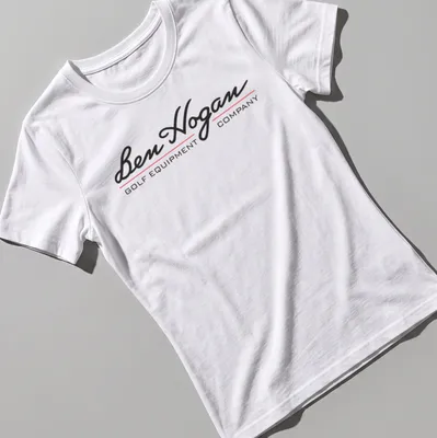 Modern logo T-shirt showcasing Ben Hogan Golf Equipment Company in black, red, and white. — printed on a women's shirt