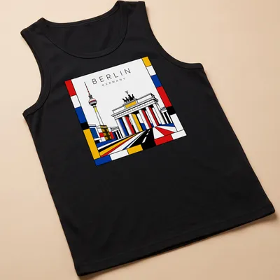 Illustration of Brandenburg Gate and TV Tower in Mondrian style with bold colors — printed on a tank top