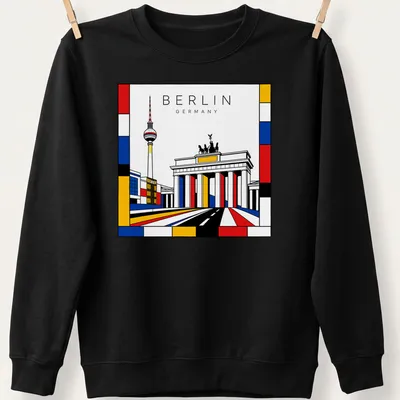 Illustration of Brandenburg Gate and TV Tower in Mondrian style with bold colors — printed on a unisex sweatshirt
