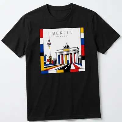 Illustration of Brandenburg Gate and TV Tower in Mondrian style with bold colors — printed on a unisex t-shirt