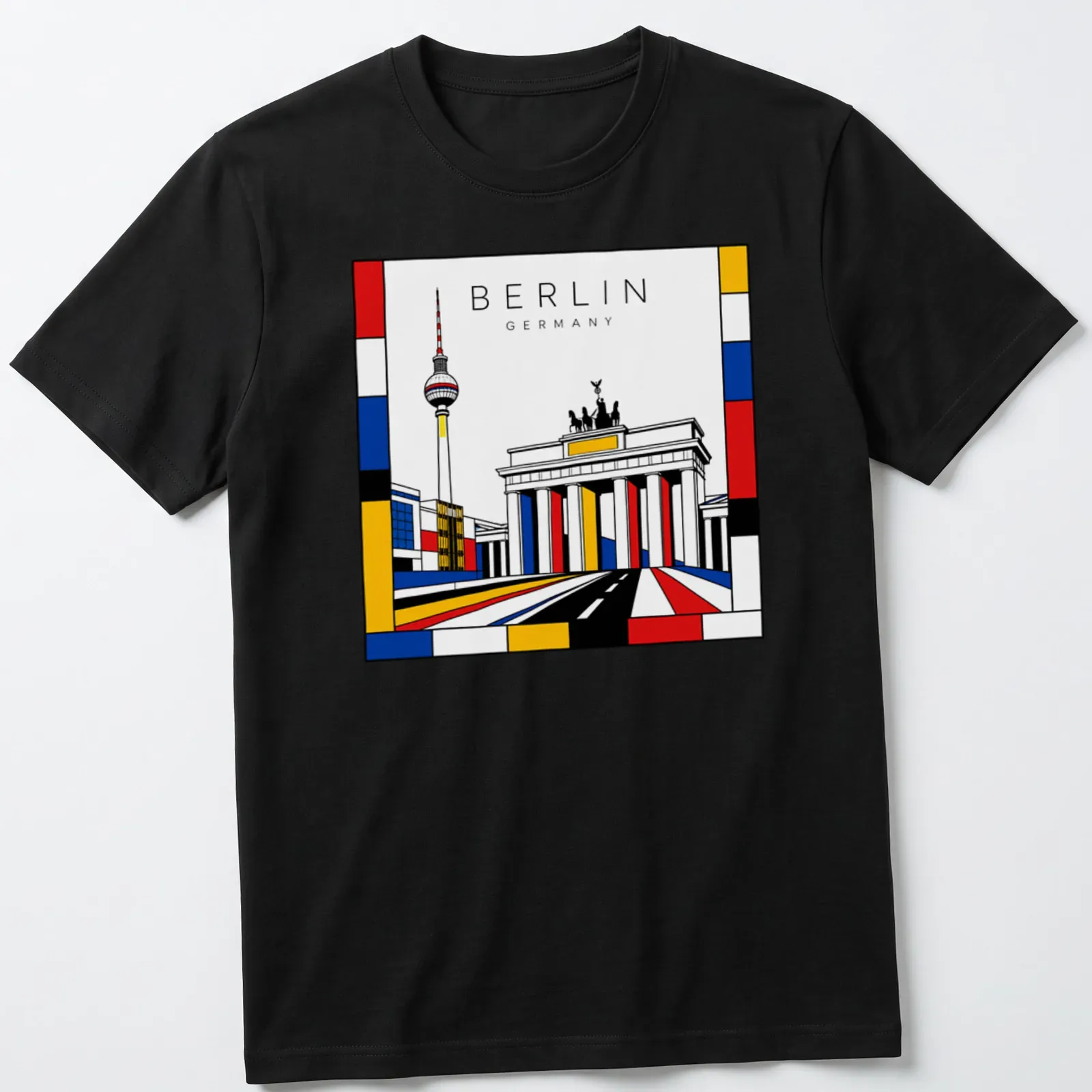 Illustration of Brandenburg Gate and TV Tower in Mondrian style with bold colors — printed on a unisex t-shirt