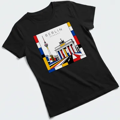 Illustration of Brandenburg Gate and TV Tower in Mondrian style with bold colors — printed on a women's shirt